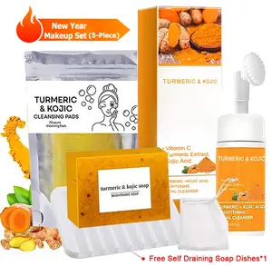 TURMERIC Wash And Care 5 Piece Set-Turmeric Mousse Cleansing,Turmeric Tablets,Self Draining Soap Dish,Exfoliating Foaming Soap Bag,Turmeric Soap Facial Cleansing Skincare Comfort Kit.