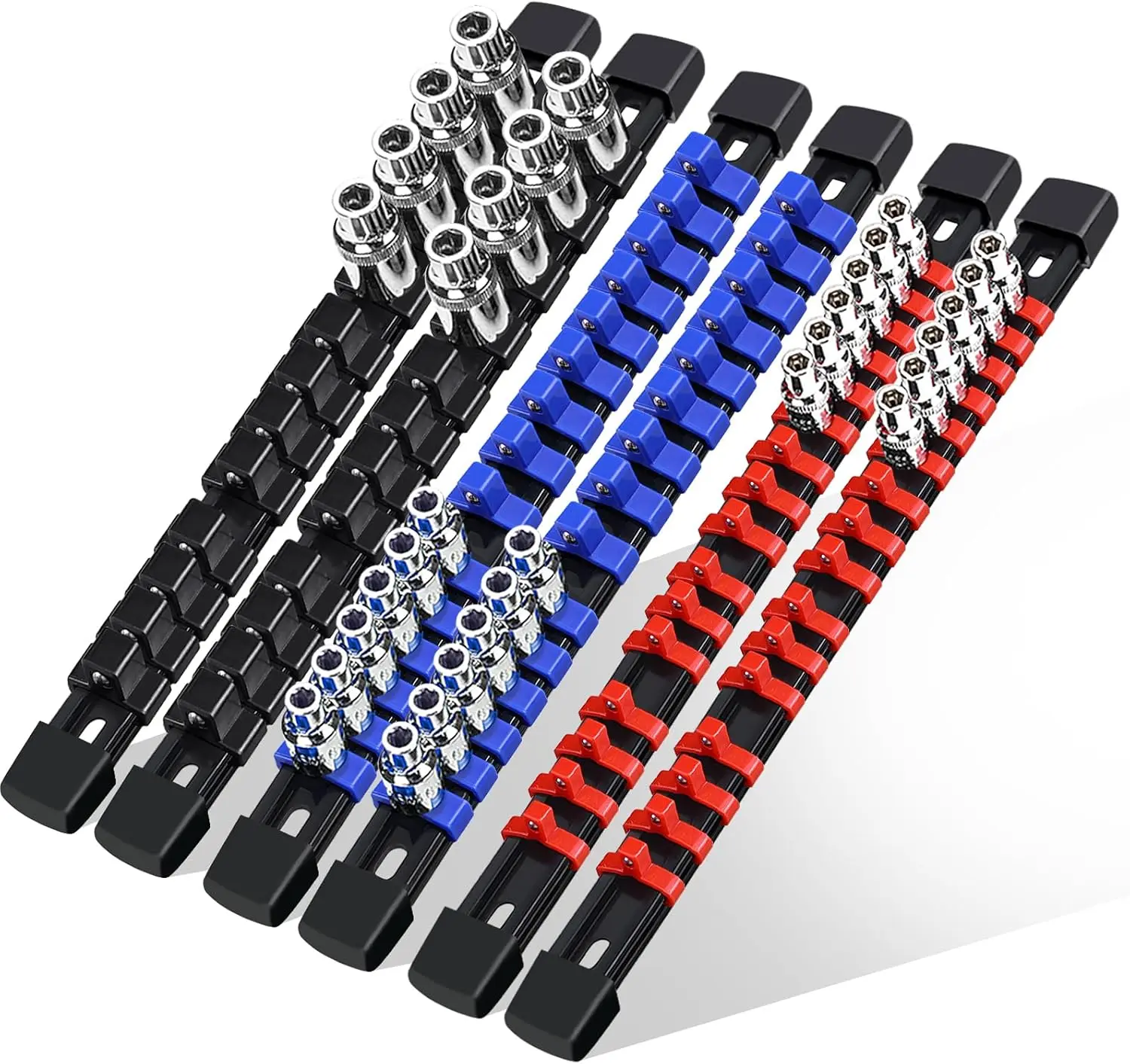 6 count Socket Organizer Rail Set,  Socket Holder, Heavy-Duty Socket Rack Kit With 86 Clips 1/4-Inch x 32 Clips, 3/8-Inch x 30 Clips, 1/2-Inch x 24 Clips  Ideal for Tool Storage