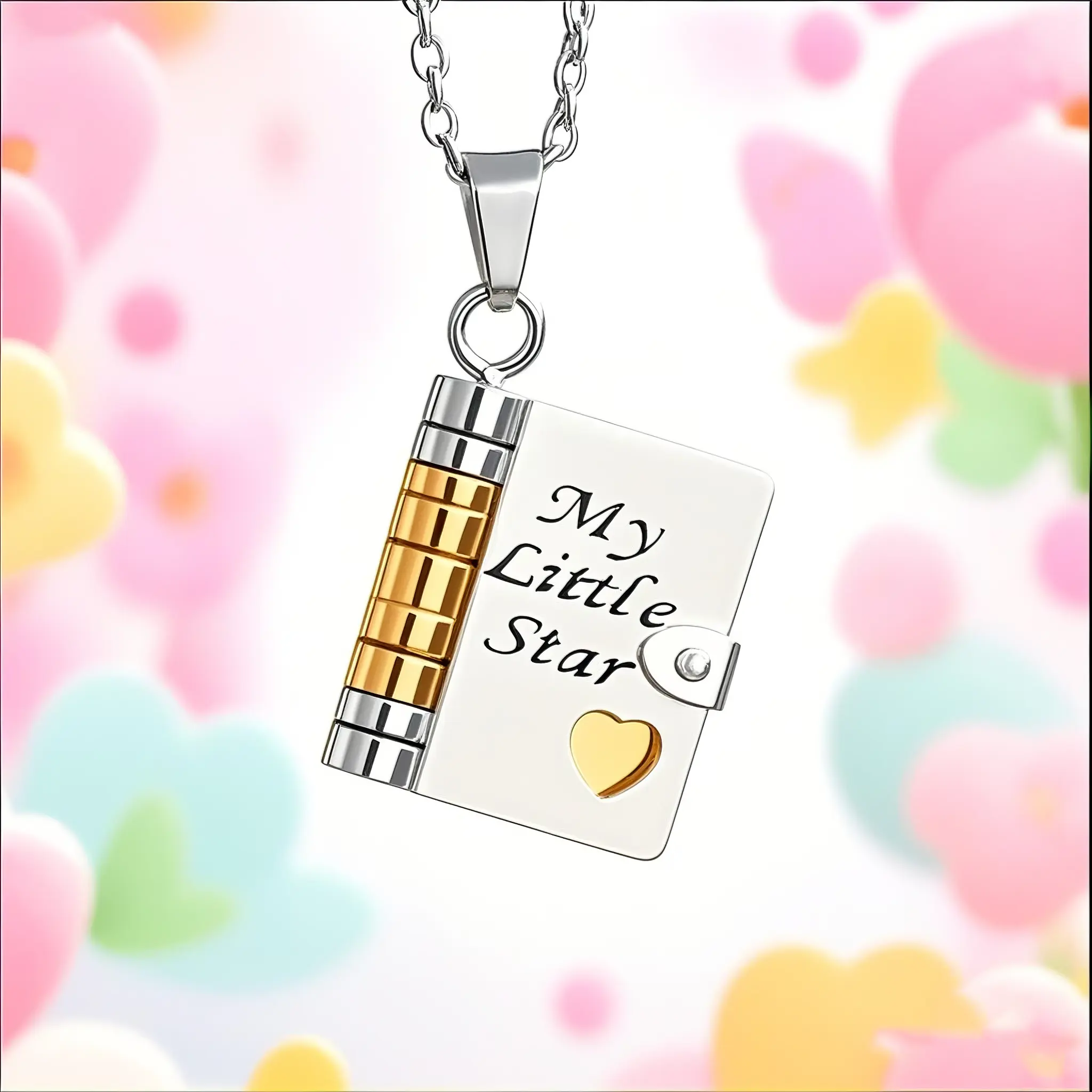 My Little Star Book Shape Flip Book Locket Necklace - Hypoallergenic Stainless Steel Personalized Statement Necklace, Laser-Engraved Inspirational Quotes, Christmas Birthday Keepsake Gift for Daughter, Fade-Resistant Hypoallergenic Jewelry, Graduation