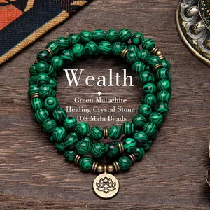 8mm Green Malachite Healing Crystal Stone 108 Mala Beads Money Necklace Long Beaded Wrap Bracelets Genuine Gemstone Mala Prayer Beads Lotus Buddha Charm Yoga Meditation Necklace Jewelry Necklace for Ideal Gift , Elegant with Lotus Pendant