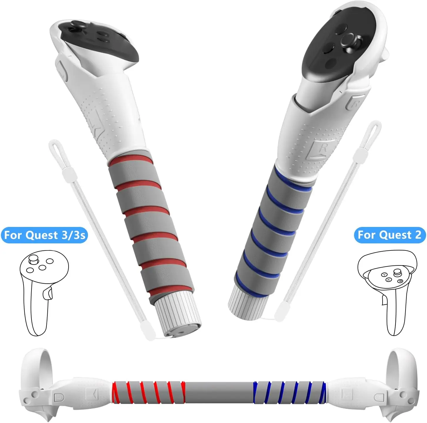 3-in-1 Wearable VR Accessories for Meta Quest 3S/3 & Oculus Quest 2 - Gorilla Tag Long Arms, Beat Saber Handle Attachments, Golf Club Extension Grips for Controllers, Portable Blue Gameplay Booster