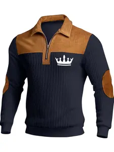 Patchwork design stand collar zipper crown pattern long sleeve men's polo shirt
