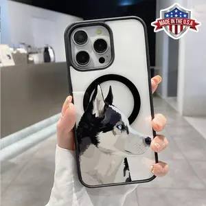 Husky Pattern Magnetic Phone Case for iPhone 16 15 14 Pro Max 13 12 11 XR E XS Plus Non-Yellowing Clear Crystal Drop-Proof Slim Silicone Shockproof Transparent Acrylic Cover Supports Wireless Charging.
