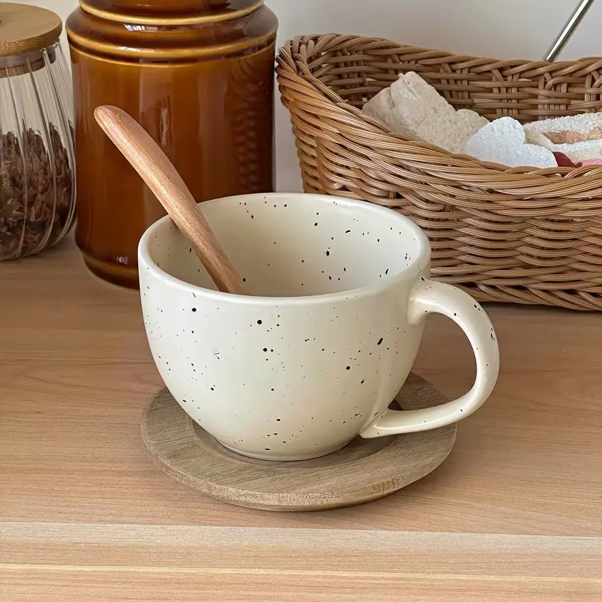 Vintage Cream Speckled Ceramic Coffee Mug, Large Handle Aesthetic Breakfast Water Cup For Office Home