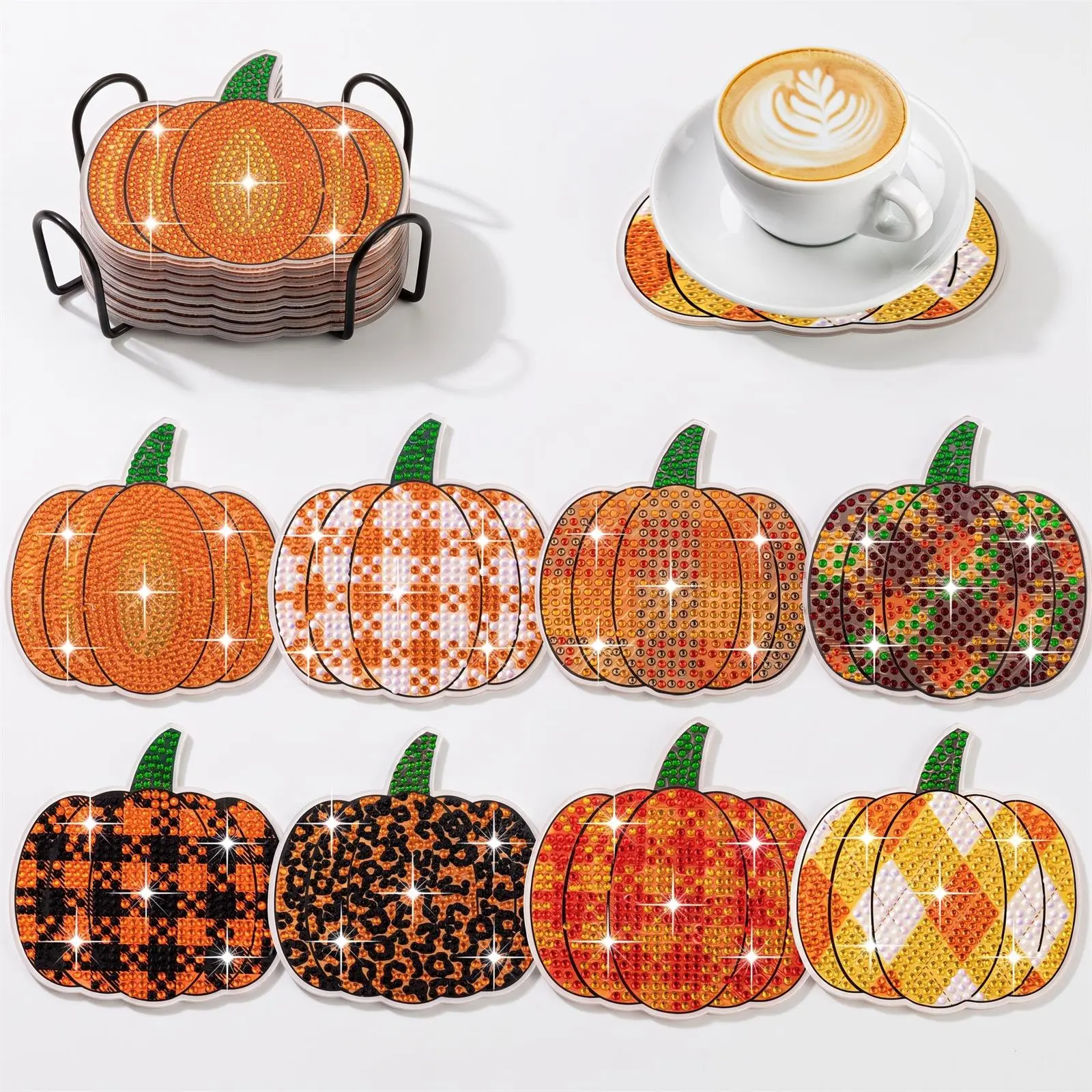 8Pcs Fall Pumpkin Diamond Art Coasters with Metal Holder, DIY Sparkling Rhinestone Cup Mats, Buffalo Plaid Leopard Argyle Fall Pumpkin Coasters, Fall Harvest Decor Rhinestone Drink Mats, Ideal Gift for Craft Lovers Coffee Bar Farmhouse Home