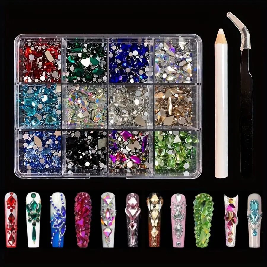 12-Color Flat Glass Glitter Rhinestones Set, Nail Art Rhinestones for Clothes, Bags, Shoes, Water Cups, Party Decorations, DIY Craft Supplies, Rhinestone Nail Charms, Nail Gems, Nail Art Supply