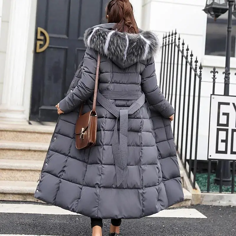Long Down Cotton Parkas Coat Female New Winter Over Knee Loose Large Fur Collar Hooded Warm Thick Parkas Women  Padded Overcoat Can be used with raincoat