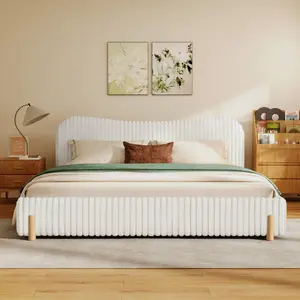 Christopher Knight Home ®   Sleek White Boucle Upholstered Bed with Wavy Headboard & Vertical Stitching, Queen