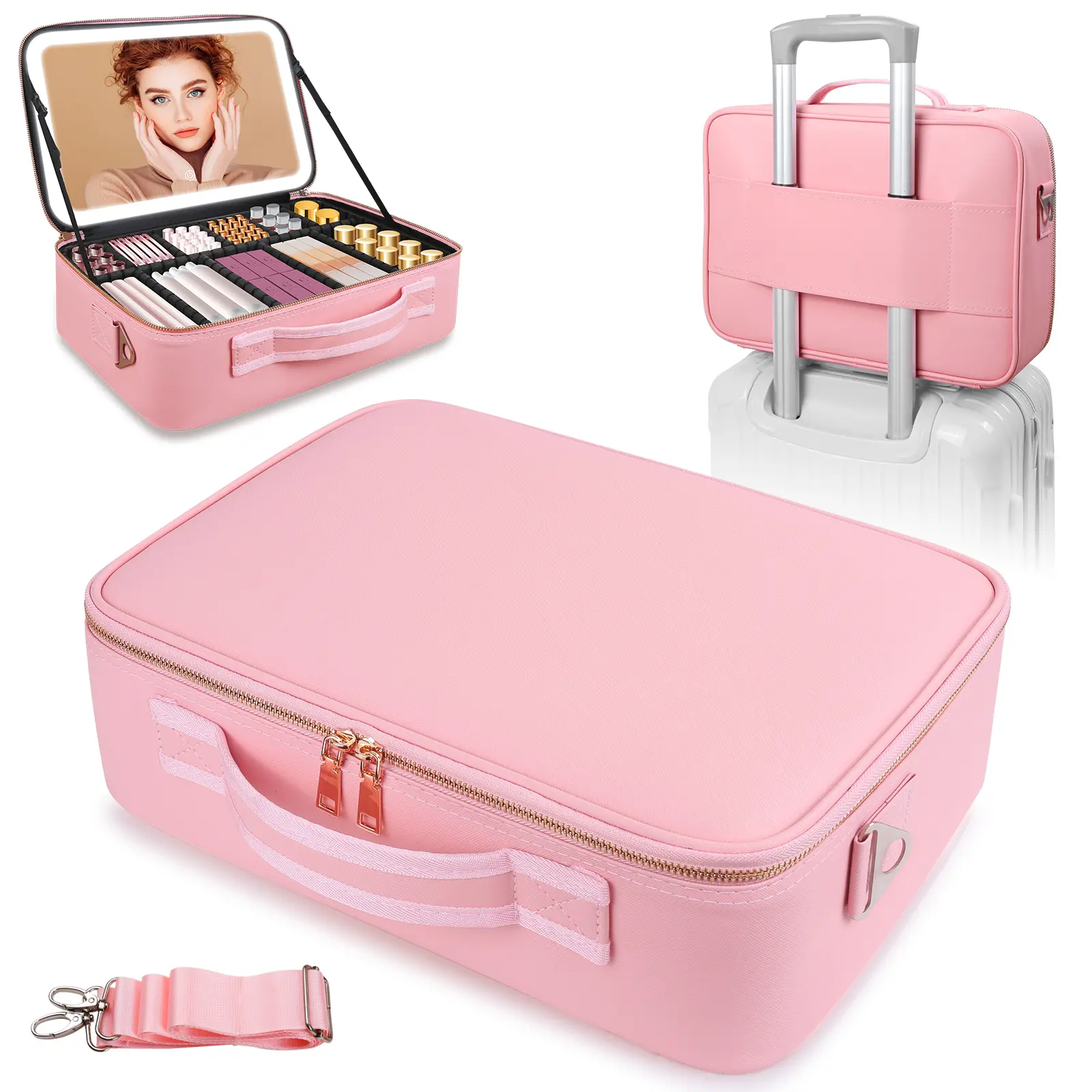 15" x 11" Large Makeup Bag with Detachable/Non-Detachable Lighted Mirror, Professional Travel Makeup Train Case, PU Leather Cosmetic Makeup Organizer with Adjustable Dividers & Brush Storage Board, Mother’s Day Gift