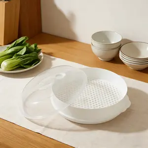 Microwave steamer with transparent lid, round steaming container with drain holes, multi-functional portable steamer cookware, suitable for steaming dumplings, buns, shrimp, vegetables and more, for daily kitchen steaming use