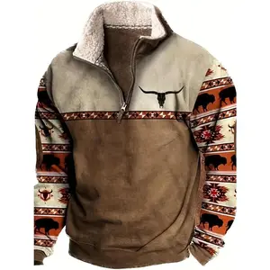 Thickened lambskin sweatshirt with ethnic prints and bull head embroidery is super fashionable!