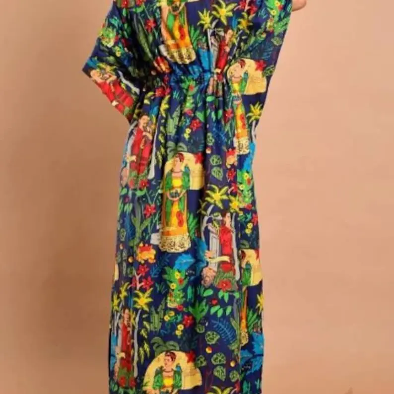 Summer Frida Kahlo Kaftan, Cotton summer wear, Holiday, Beach Cover up, loungewear kaftan Casual