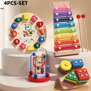 4PCS Wooden Educational Shape Sorter Toys for Kids 2-3 Years - Building Blocks, Xylophone, Puzzle for Early Childhood Intelligence Development (Colors, Music, Shapes, Numbers)