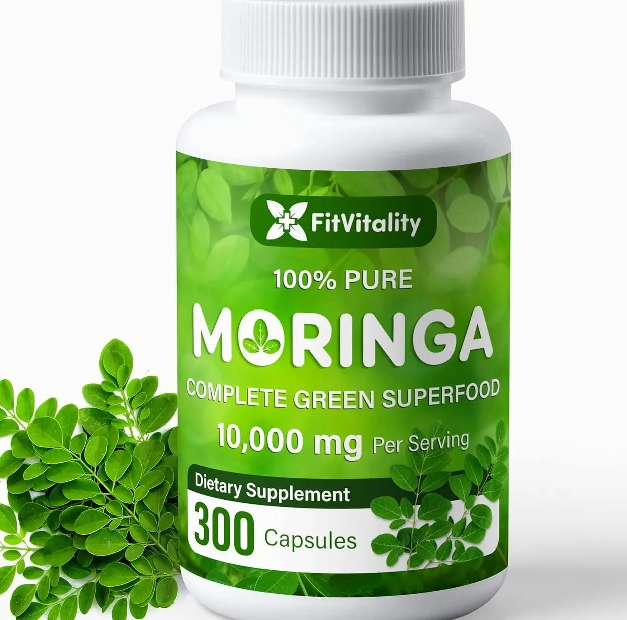 Moringa Capsules| 300 Capsules| Moringa Oleifera| 10,000mg| 100% Pure & Natural| Non-GMO and Gluten Free Supplement | Complete Green Superfood | Moringa Leaf Extract Powder