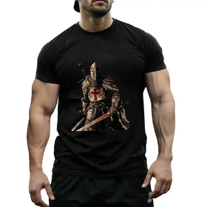 Men's Knight Templar Warrior Graphic T-Shirt - 100% Cotton, Black Religious Crusader Design with Sword and Shield, Casual Round Neck, Perfect for All Seasons