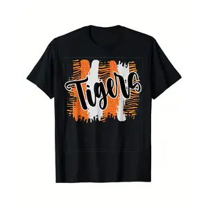 Men'S Tigers School Spirit T-Shirt - Bold Tiger Graphic Tee in Orange & Black, Soft Breathable Cotton Shirt for Sports Fans, Gym, Casual Attire - Machine Washable Casual Fit Tee for Team Supporters & Casual Attire,  double print   Retro  Vintage Metalcore