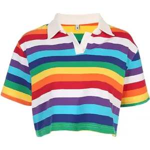 MALENNA Women's Rainbow Printed Polo T-Shirt Short Sleeve Skinny Y2K Streetwear Crop Top