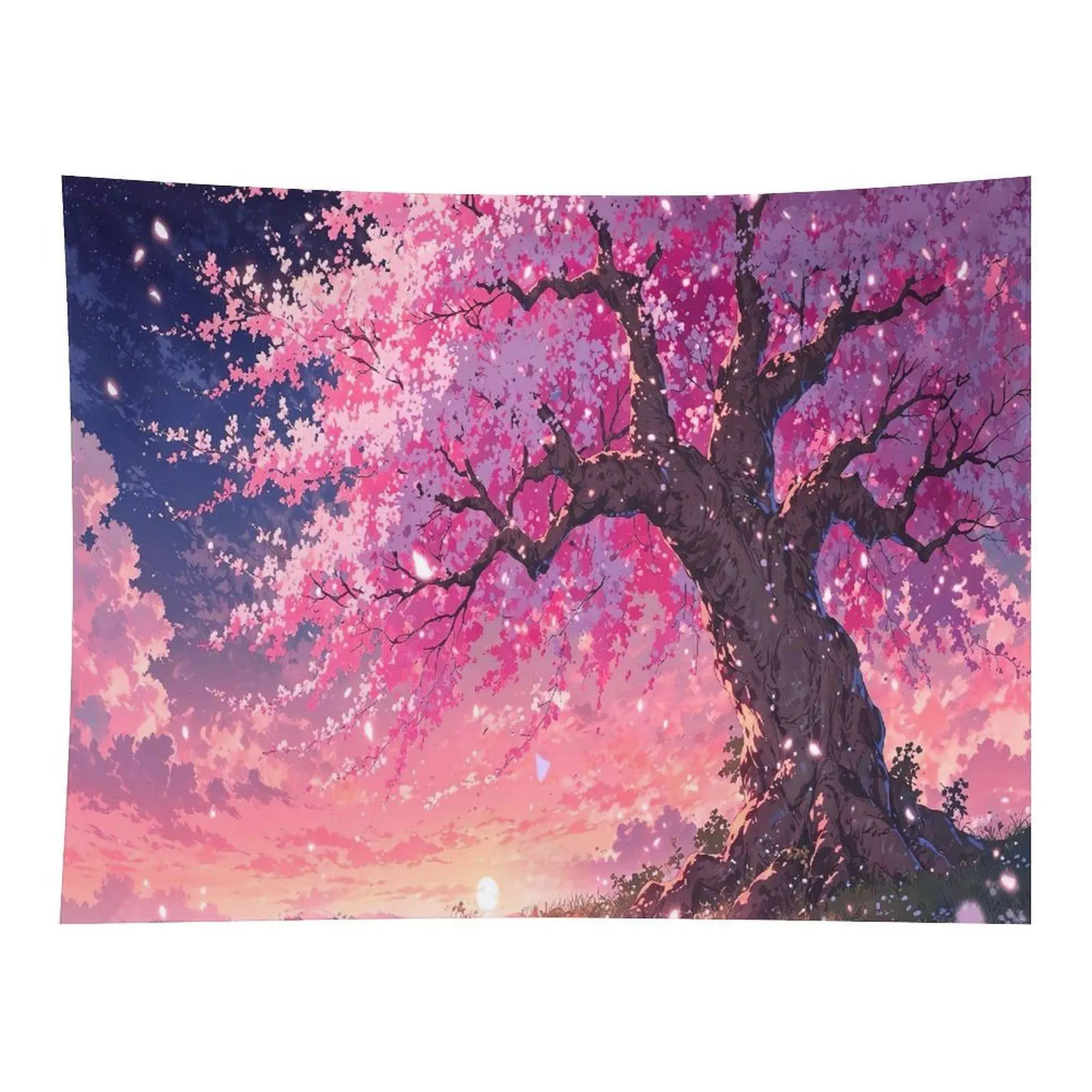 Pink Cherry Blossom Tree Tapestry Anime Sakura Landscape Wall Hanging, Romantic Spring Sky Tapestry for Bedroom Decor