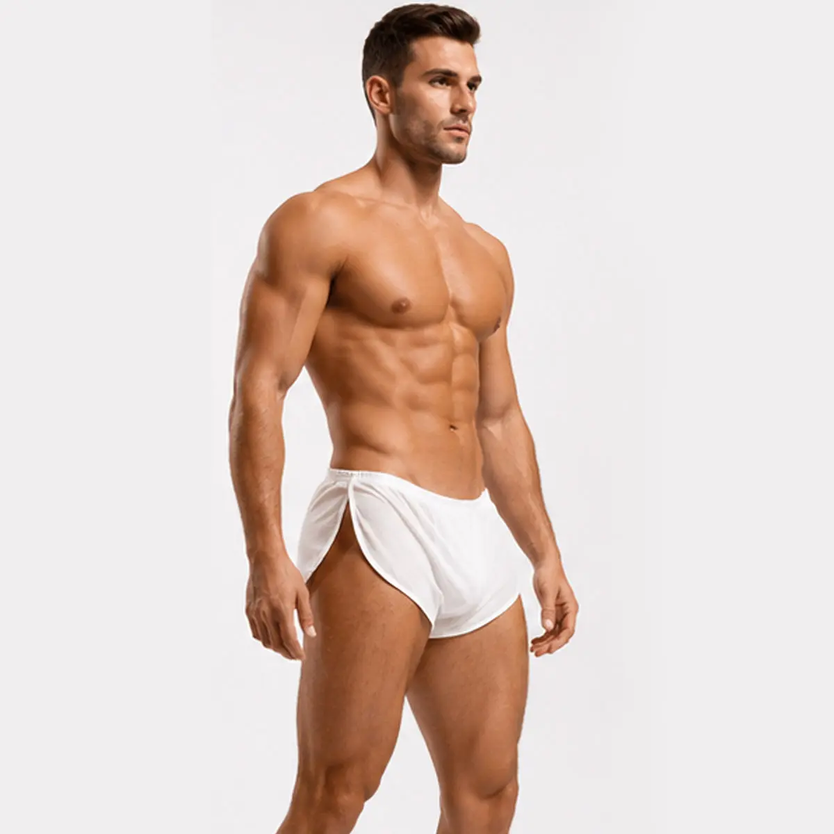 Men's Large Split-Side Short Shorts - Smooth Nylon Casual Wear with Elastic Waist, Loose Fit, Breathable Mesh Design