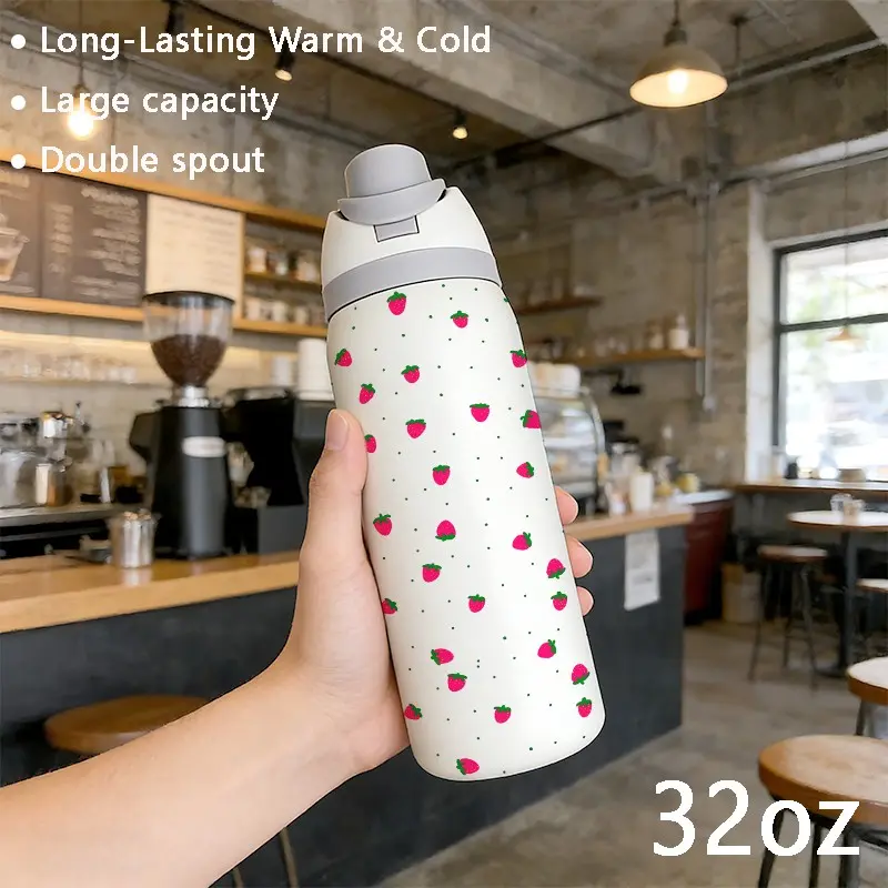 32oz Dual-Use Sports Water Bottle Tumbler, Hydration Tumbler, Thermo Tumbler, Artistic Strawberry Pattern, 304 Stainless Steel Vacuum Insulated, Durable Insulated, Large Capacity Fruit Cup, Perfect Gift