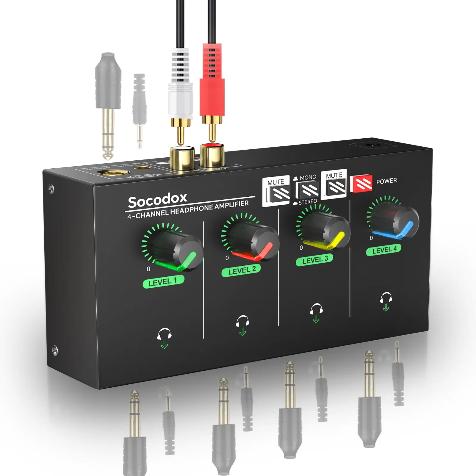 socodox 4/8-Channel Headphone Amplifier 3.5mm/6.35mm/RCA Jacks, Metal Compact Headphone Mixer with 8/16 Headphone Output Port, Stereo Switch, Mute Function, RGB Light, 5.5x2.76x1.2 inch