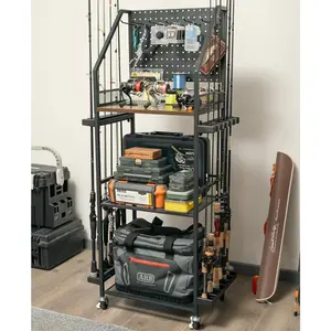 Fishing Rod Holders for Garage, 3-Tire Fishing Pole Rack with Pegboard and Hooks, Fishing Gear Tackle Box Organizer Up to 12 Rods, Rolling Fishing Storage Cart with Lock Wheels