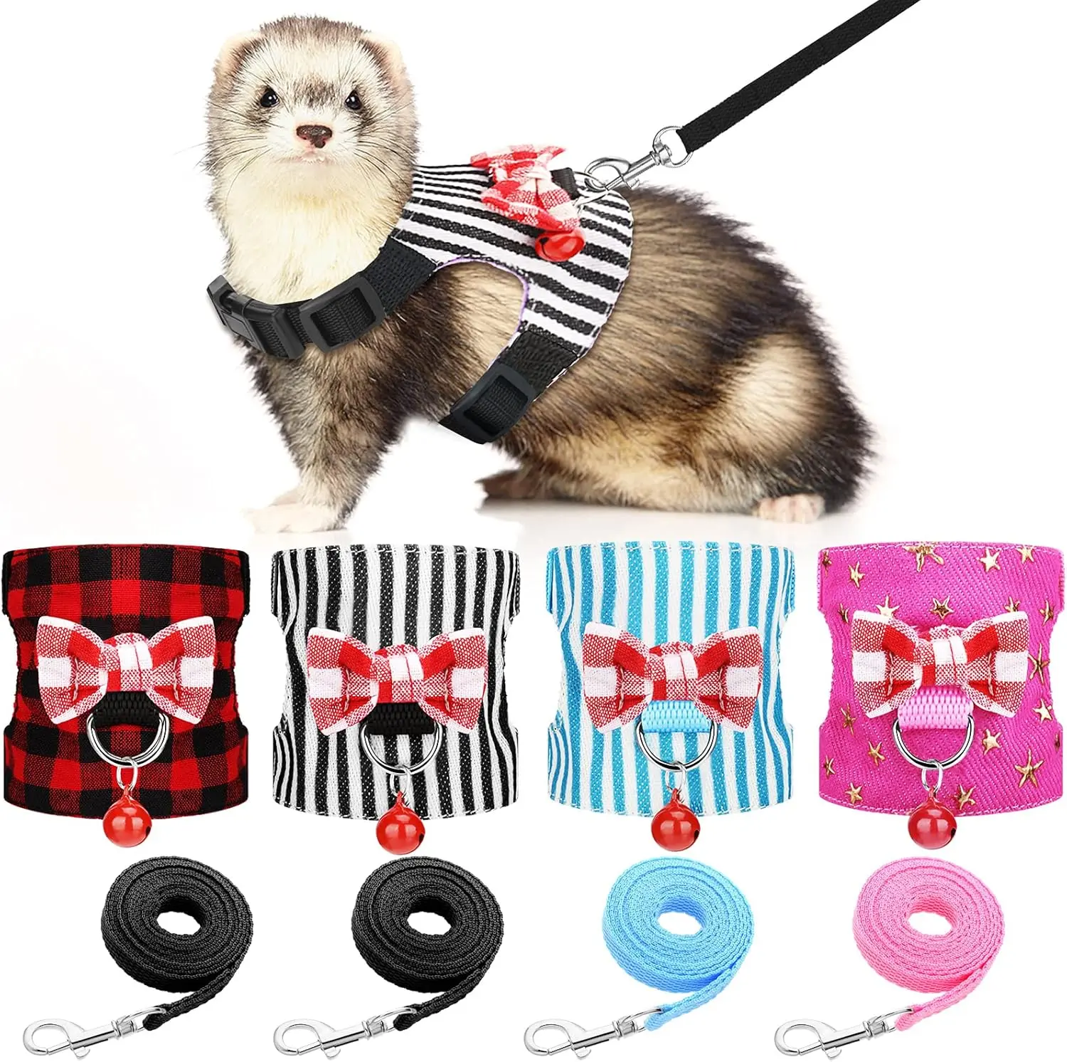 Cotton Ferret Harness and Leash Set for Baby Ferret, Small Pet Collars & Harnesses & Leads with Cute Bowknot, Safe Bell Decor & Chest Strap for Outdoor Walking (Small)