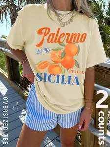 Two-Piece Set Orange Print Women's Loose Lightweight Short Sleeve Top and Striped Shorts Set, Summer Casual Two-Piece Outfit for Beach Vacation Womenswear