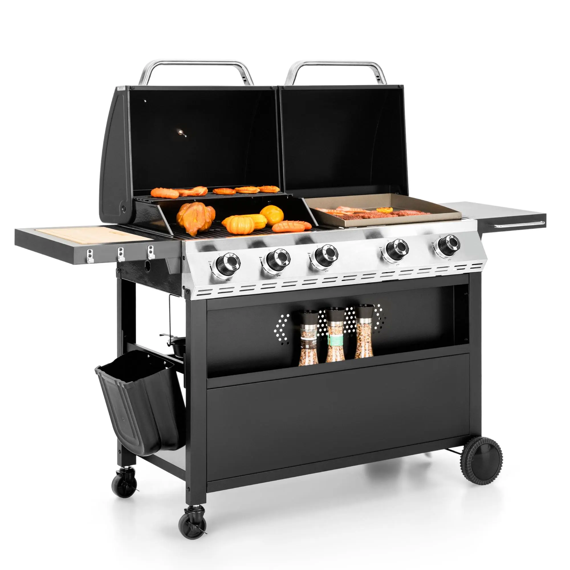 PHIVILLA Home 6-Burner Propane Gas BBQ Grill with Side Burner, Porcelain-Enameled Cast Iron Grates, 65,800 BTU Cooking Area, Black Finish, Stainless Steel