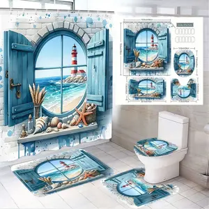4pcs Nautical Coastal Bathroom Decor Set with Watercolor Lighthouse & Ocean Scene Shower Curtain, Matching Bath Rug, Contour Toilet Rug, and Toilet Lid Cover - Perfect for Beach House Vibes and Summer Refresh! Bathroom Decoration Accessories