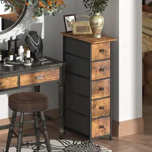 Narrow Dresser Vertical Slim Dresser Chest of Drawers Skinny Storage Tower for Small Spaces Gaps Closet Bedroom Bathroom Small Fabric Drawer Unit (Rustic Brown, 5 Drawers)