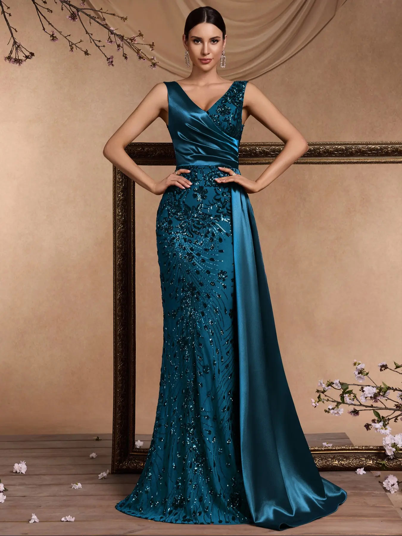 Women's Glitter Sequins Fabric Floral Formal Evening Dress, Elegant Sleeveless Maxi Dress for Party & Banquet, Ladies' Clothes for Spring & Summer, Womenswear