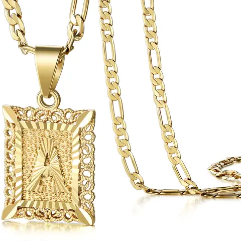 KissYan Women's 14K Gold Plated Square Capital Initial Monogram Necklace (A-Z), 50cm Long Figaro Chain, Gold Jewelry, Jewelry for Women, Daily & Anniversary Gift,sohochic