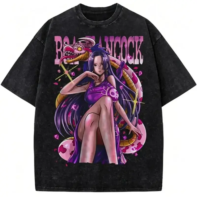 ZORA LAB Men's 1-Piece Classic Soft Pre-Washed Anime T-Shirt - Boa Hancock Kuja Pirates Empress Snake Princess Graphic, Relaxed Baggy Oversized Seamless Short-Sleeve Cotton Breathable Ribbed Streetwear Vintage Top