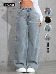 Women's New Fashion Wide Leg Pants Comfortable High Waist Fitted Slimming Washed Woven Denim Long Jeans, Elegant Style, All Seasons Wear, Womenswear
