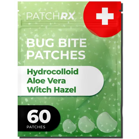 PatchRx Bug Bite Patches (60 Pack) Mosquito Bite Itch Relief for Kids (Hydrocolloid, Aloe Vera & Witch Hazel, Mosquito Patches for Skin, Bug Bite Itch Relief Stickers for Insect Bites