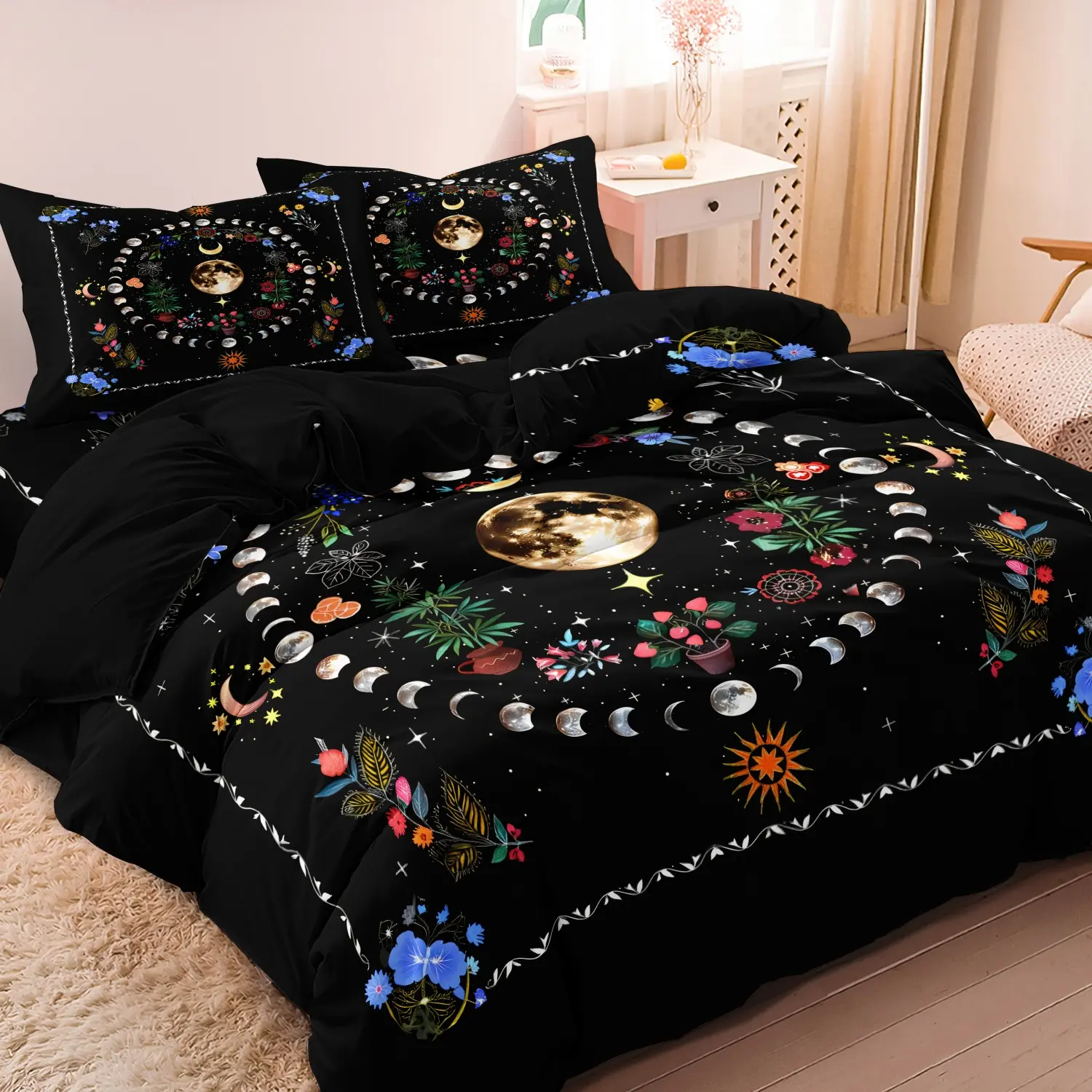 3pcs/Set Bohemian Style Bedding Duvet Covers, Mysterious Moon Phase Garden Digital Printing Set Duvet Cover (Including 1 Duvet Cover & 2 Pillowcases,No Core), Soft Comfortable Bedding Set For Home Bedroom Hotel, Boho Bed Set