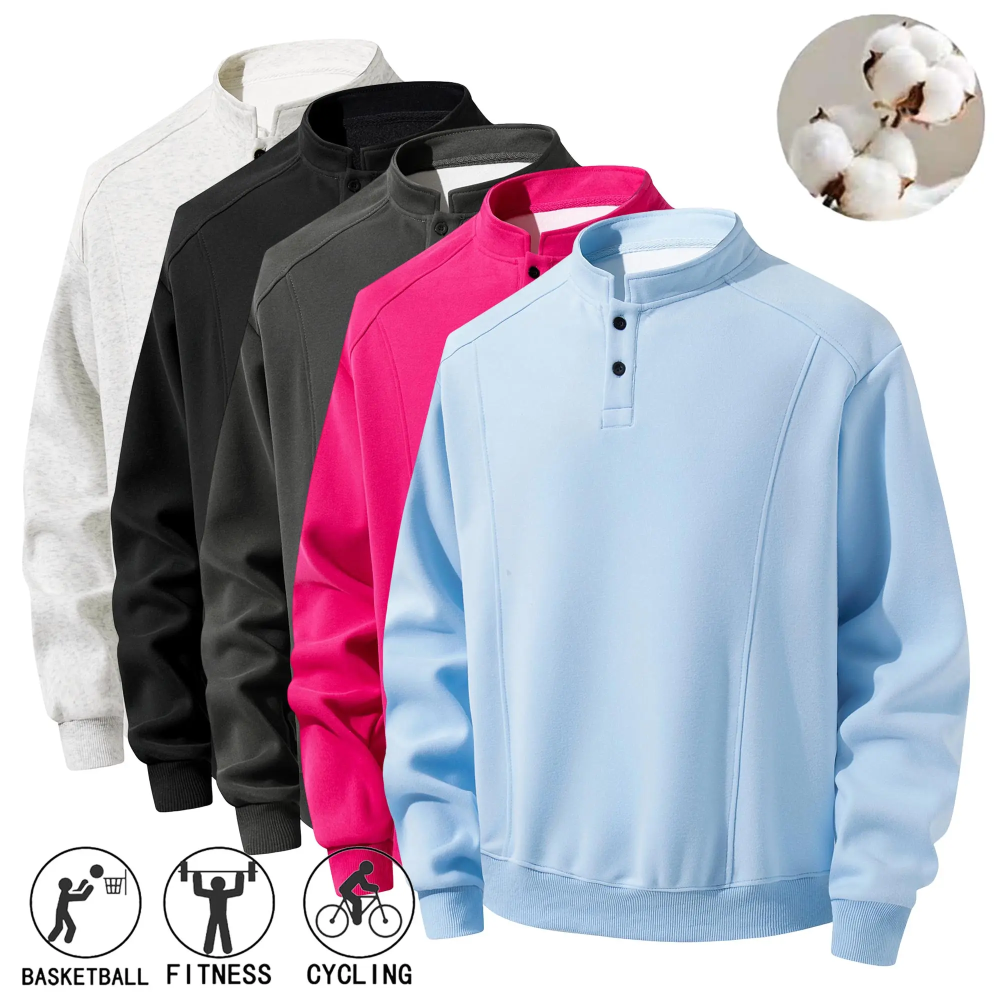 Men’s Henley-collar long-sleeve sweatshirt, available in two options: single piece or set; suitable for autumn/winter; buttoned half-zip front; cotton casual athletic pullover