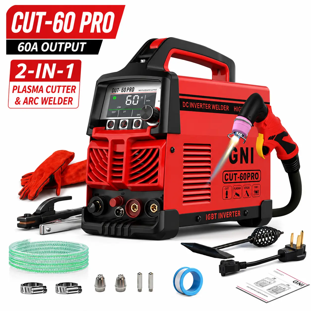 GNIWELDER 60Amp Portable Plasma Cutter/Stick Welder 2 IN 1, Non-Touch Pilot Arc | 120V/240V, 4/5"Max Cut Plasma Cutter Machine, Pre-Installed Air Regulator, 2T/4T, IGBT for Beginner DIY & Home Workshops