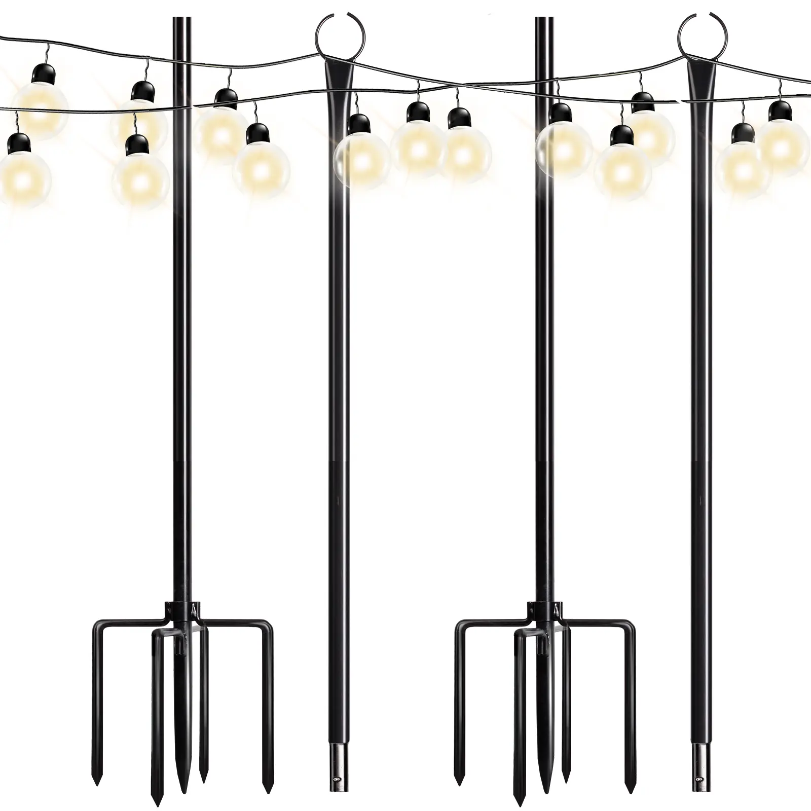 Walensee 2-Pack 9.4FT Adjustable Outdoor Metal String Light Poles with Hook, 5-Prong Fork Steel Stand Holder, Hanging Lantern Bracket Security Lighting for Garden Party, Patio Decoration, String Light Pole Security Lighting, Durability