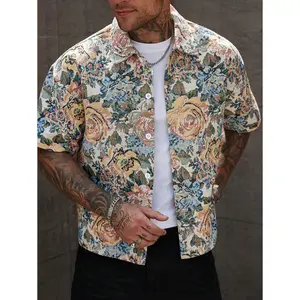 Manfinity Homme Men's Summer Retro Jacquard Textured Fabric Shirt, Men's Streetwear Shirts, Men's Vintage Shirts, Floral Men Shirt, Streetwear Men Shirts