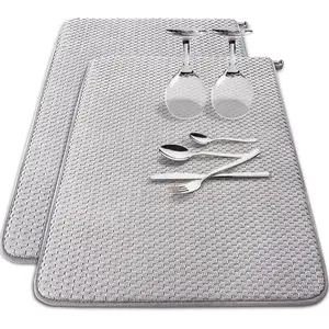 2 Pack Microfiber Dish Drying Mat,24 x 17 inch Super Absorbent Drying Pad,Large Size Dish Drying Mat for Countertops,Sinks,Draining Racks,Gray