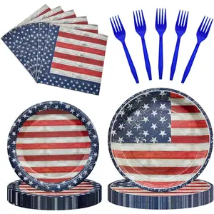 96 Pieces Patriotic Tableware Set Party Supplies-American Flag Pattern Disposable Dinnerware With Paper Plates, Napkins, Forks For Fourth of July, Memorial Day, Veterans Day BBQ Picnic Favors