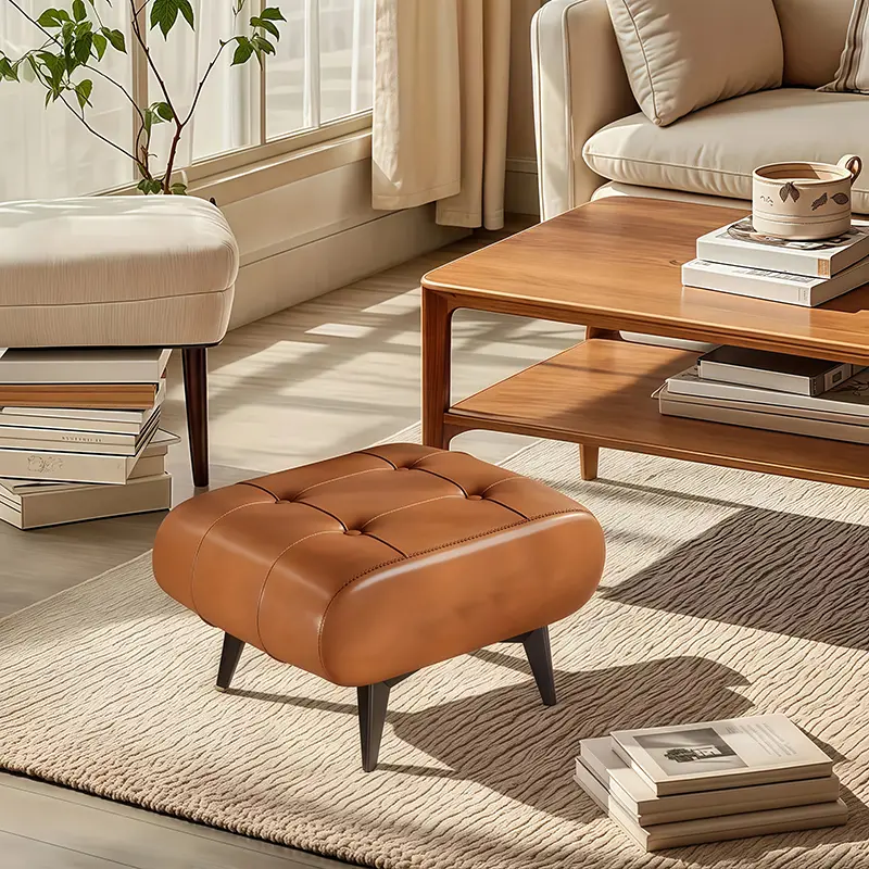 Retro Oil Wax Leather Low Footstool, High-Quality Elegant Seat for Beauty Salons, Compact Design with Footstool Edge, Requires Assembly