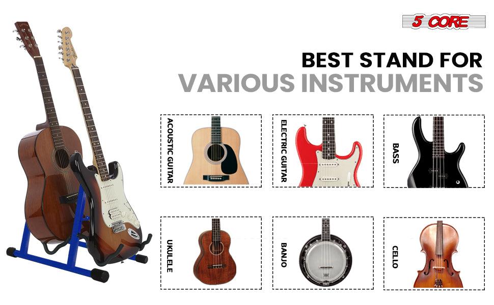 5 Core Double Guitar Stand A Frame Shape w Foam Arms Supports Acoustic Electric Bass Ukulele Banjo