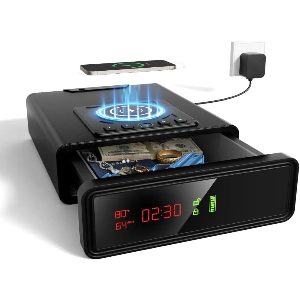 Alloy Steel Electronic Home Security Safe - Undercounter Password Lock Gun Box, Auto-Open Drawer, Backlit Keypad Quick Access, Phone/Watch Wireless Charging, Humidity-Temperature Monitor, Digital Clock, LED Screen (1PCS, Modern Safe), Electronic Safe