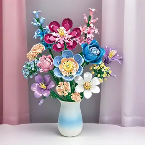 730PCS Starry Night Flower Cluster Accumulated Wood Flower Plant Bouquet, Fake Blossom Plants, Simulation Eternal Flower Decoration, Home Assembly Puzzle Toy, Festival Gift Building Blocks Desktop Decoration Gift for Friends and Lovers