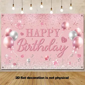 2D Flat 1pc Rose Gold Bow Birthday Backdrop, Bow Happy Birthday Banner Decorations for Women Party Decor props size is 43.3*70.9in