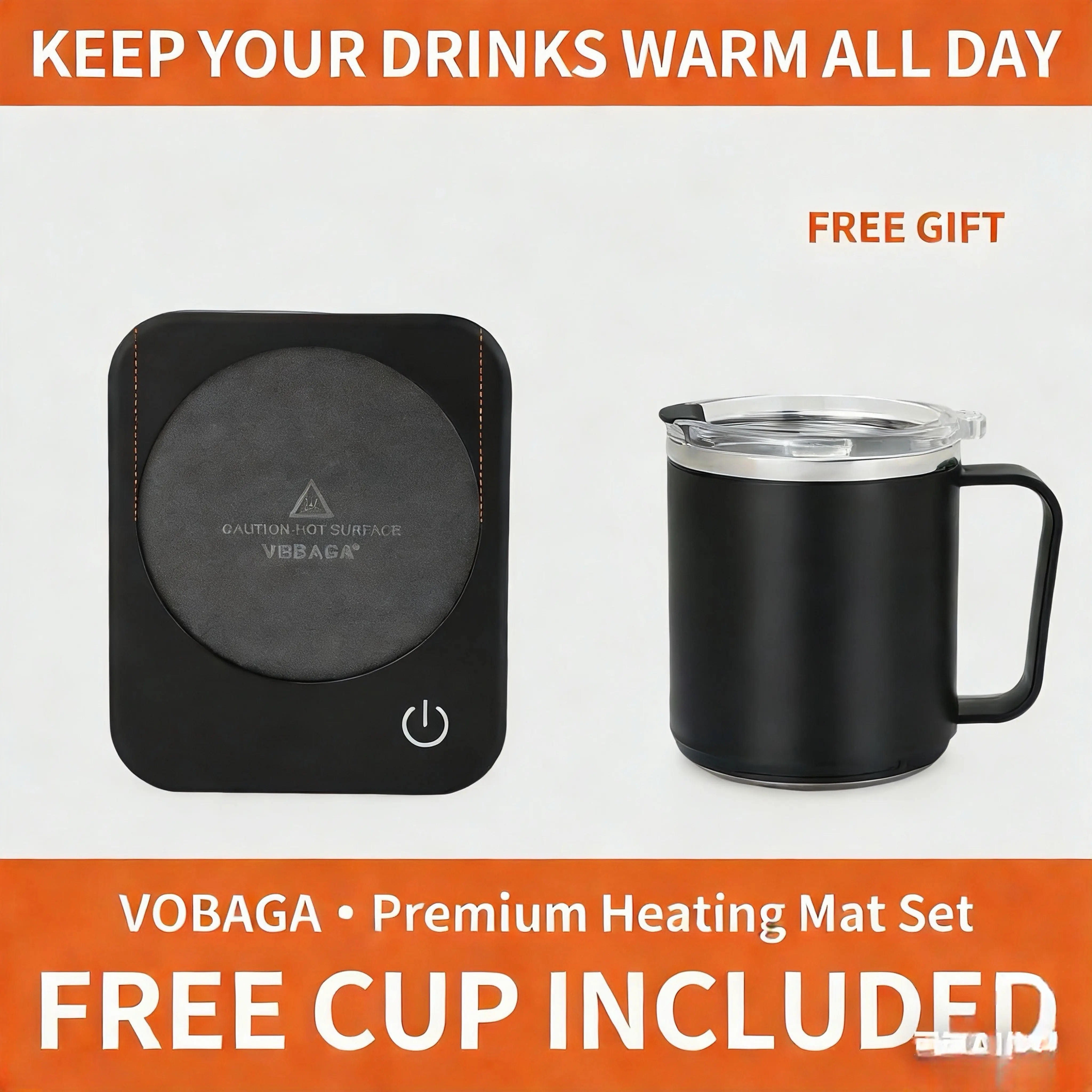 VOBAGA Self-heating Drink Warmer Set with 15oz Stainless Steel Reusable Coffee Cup (15oz Mug) - 3 Temp Settings, 4-Hour Auto Shutoff, Smart Safety Protection, Portable Gift for Students (Bedside Tables, Office Desks)