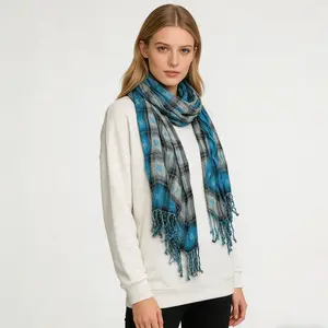 Extra Long Scarf,Turquoise Jacquard Crinkle Scarf,Cool Tone Jacquard Pattern On Crinkle Base,Versatile Everyday Scarf,Gifts, Pairs With All Casual Outfits,Office Appropriate Subtlety